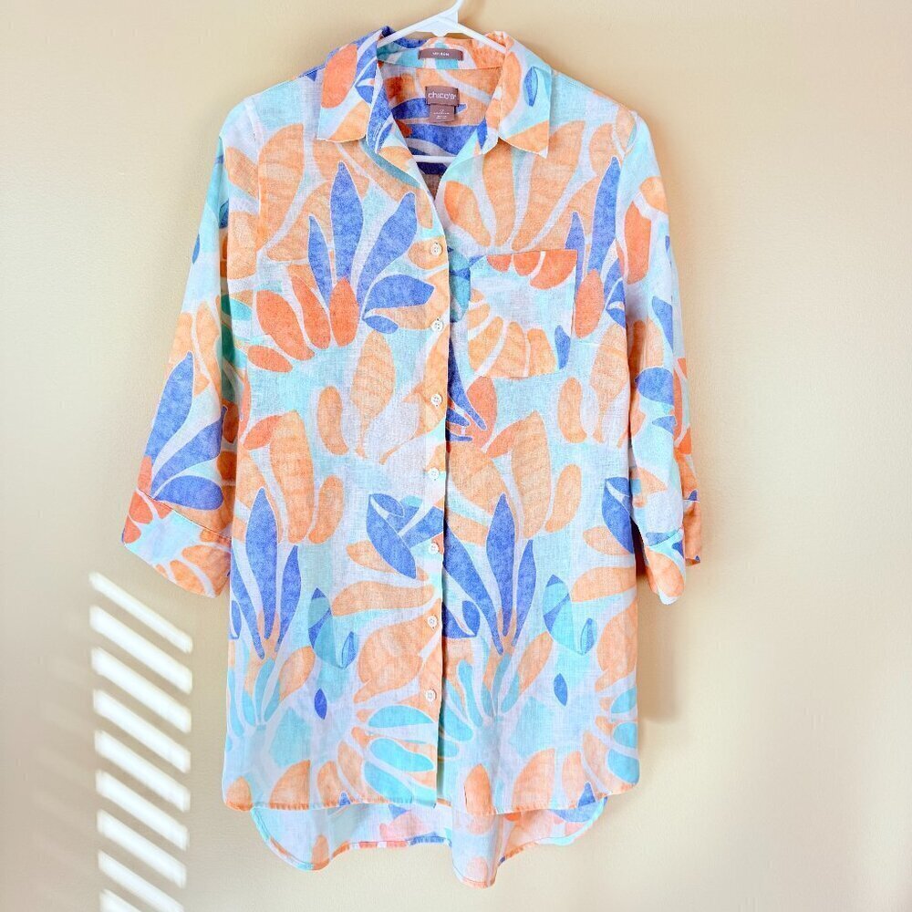 Chico’s No Iron 100% Linen Button Front Shirt Tunic – Size 0